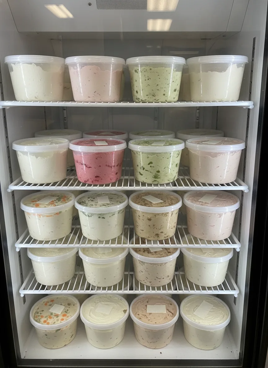 Tubs of house-blended cream cheese in the cooler